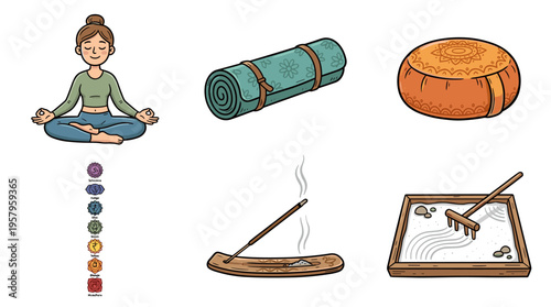 Yoga wellness elements including person, mat, cushion, incense and zen garden