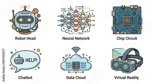 Collection of technology and AI icons in a flat design
