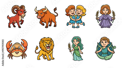 Set of eight cartoon zodiac signs and symbols