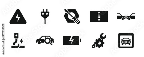 Electric car icons: charging, troubleshooting, accidents, maintenance, warnings