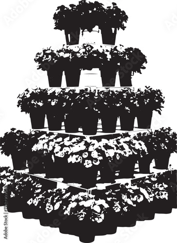 A tiered display of potted plants arranged in a pyramid shape isolated on a white background
