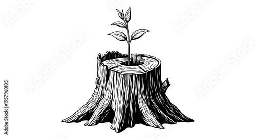 New plant growing from old tree stump symbolizing rebirth and new beginnings.