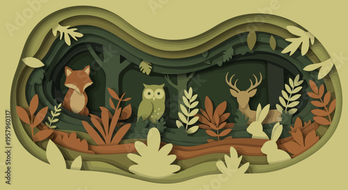 Paper Cut Forest Scene with Animals and Foliage.
