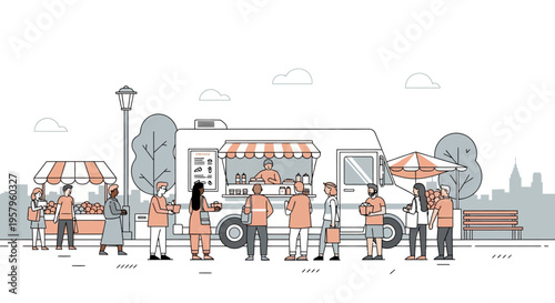 People queuing at a food truck and stall on a sunny day.