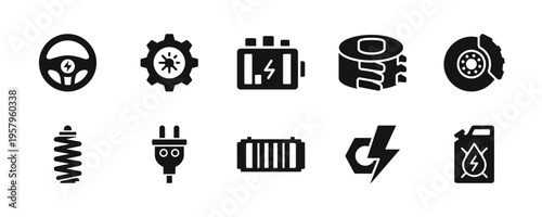 Automotive icons: steering wheel, battery, tools, car parts, electric charging