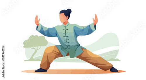 Person practicing Tai Chi martial arts in traditional clothing.