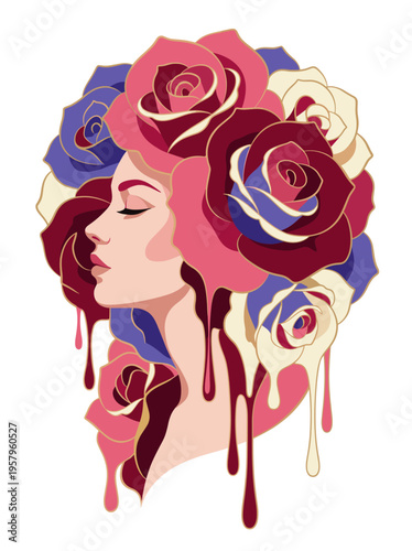 Rose Crown Woman Portrait in Crimson Pink and Indigo Dripping Petals