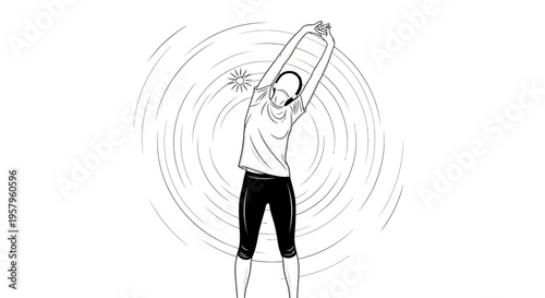 Person stretching arms overhead in a dynamic pose.