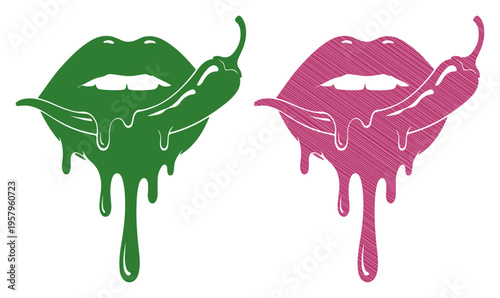 Two vibrant lips with chili peppers dripping, symbolizing spicy desire and bold flavors.