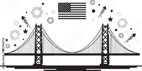 A black and white silhouette illustration of the ben franklin bridge with american flag elements