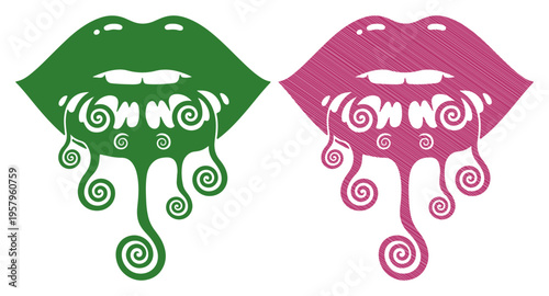 Vibrant stylized lips with dripping swirls in contrasting colors, symbolizing expression and artistry