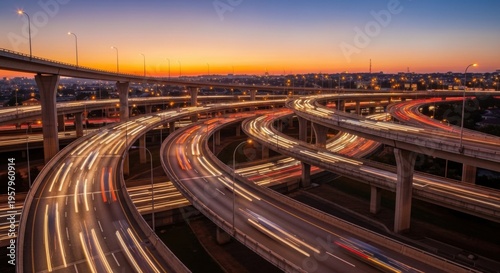 Urban Highway Network At Sunset With Streaks Of Light