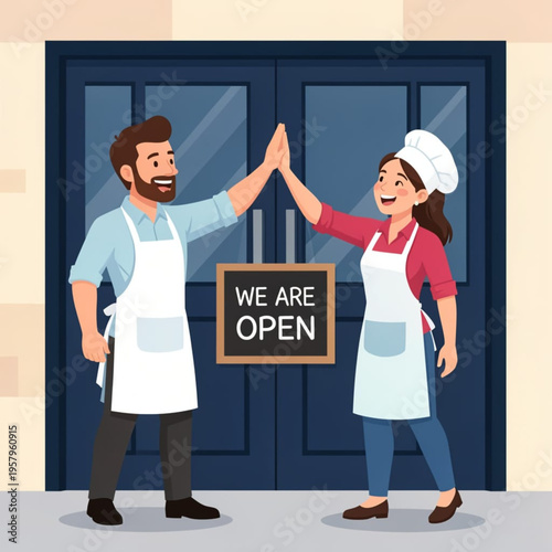A man and woman in aprons high fiving in front of a restaurant