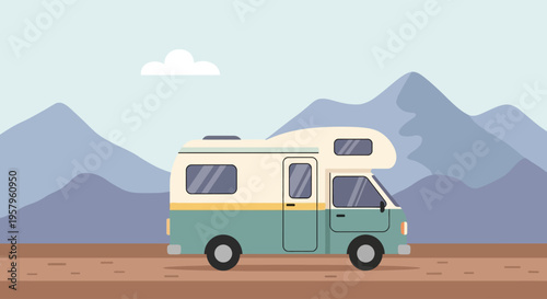 Recreational Vehicle Driving on a Road with Mountains in Background.