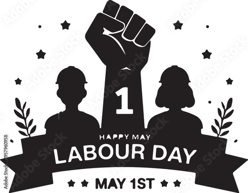 A black and white graphic illustration celebrating international labour day with worker silhouettes