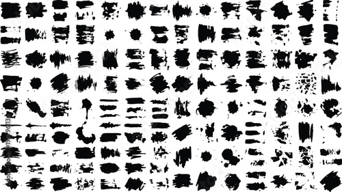 Collection of various black ink brush strokes and splatters on white background for graphic design elements  artistic textures