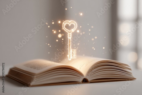 A glowing key icon floating above an open book with soft glowing light