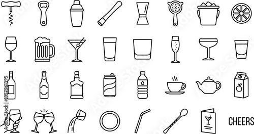A set of line art design vector silhouettes for a drink concept featuring various beverages and glasses
