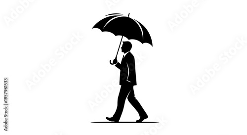 Silhouette of a businessman walking with an umbrella.