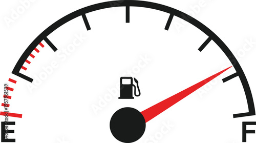 Fuel gauge vector icon showing full tank with red needle and gas pump symbol