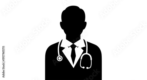 Silhouette of a doctor wearing a stethoscope and tie.