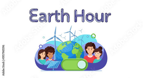 Illustration of children with Earth and wind turbines, symbolizing Earth Hour and global environmental awareness with a green energy concept.