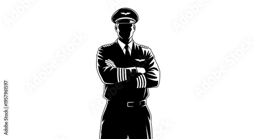 Silhouette of a confident pilot with arms crossed.