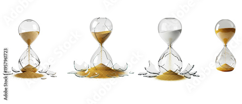 Four Hourglasses Showing Stages of Time Passing and Breaking.