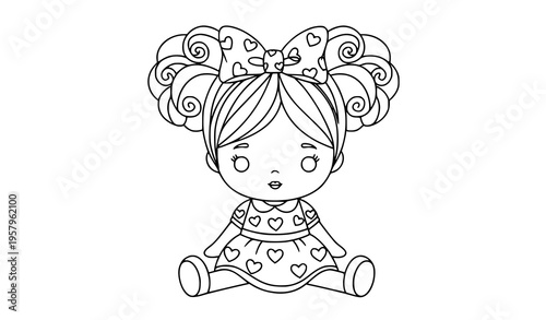 Kawaii style sitting doll coloring page with curly hair and bow simple outline for toddlers