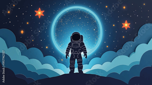 Vector illustration of astronaut standing on hill with glowing moon and stars