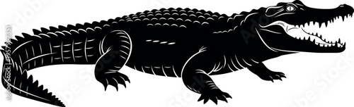 A black and white illustration of an alligator with its mouth open