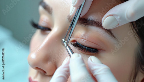 Lash artist applying eyelash extensions with tweezers top view