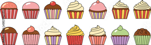 Colorful Cupcake Collection with Different Flavors and Frosting Styles Sweet Dessert Set for Bakery Design, Party Decoration, and Food Illustration Projects