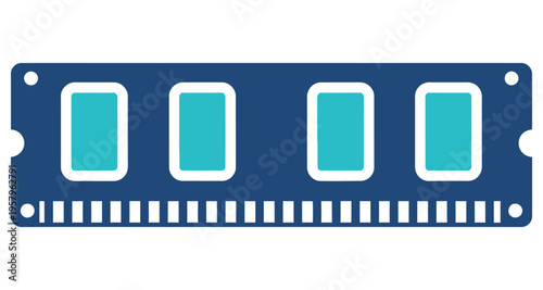 Computer RAM Module with Blue Circuit Board and Teal Memory Chips on White Background