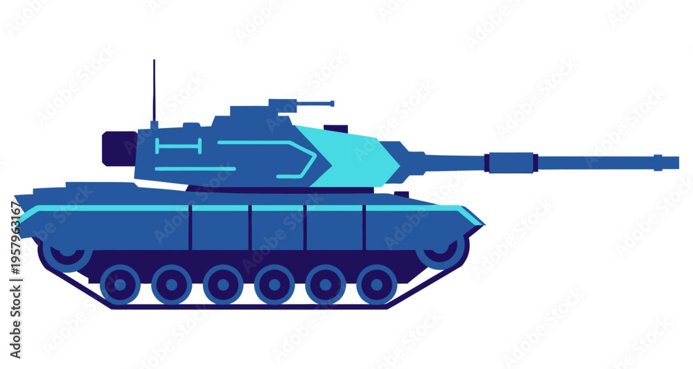 Naklejka premium Modern Main Battle Tank Silhouette Military Vehicle Illustration Side Profile View Flat Design Style