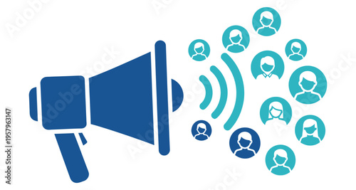 Megaphone Broadcasting Message to Diverse Group of People Icons Amplifying Communication
