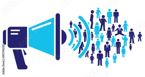 Megaphone Broadcasting Public Announcement to Diverse Crowd Stylized Flat Design Iconography