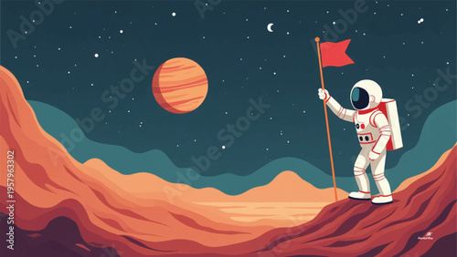 Vector illustration of astronaut on Mars with flag