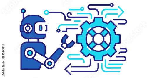 Robotic Arm Manipulating Gear with Digital Data Flow Futuristic Technology Concept
