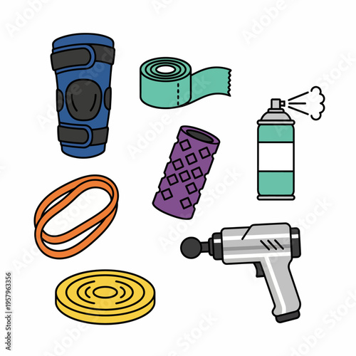 Fitness and Workout Recovery Equipment Icons Set: Foam Roller, Massage Gun, Knee Brace, Resistance Band, Athletic Tape