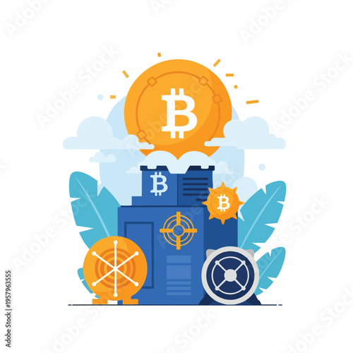 Building with Bitcoin coins and crypto mining machinery, clouds above