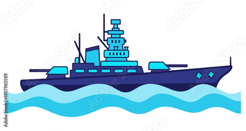 Battleship Sailing on Wavy Ocean Surface Nautical Military Vessel Maritime Transportation Clean Flat Design Style