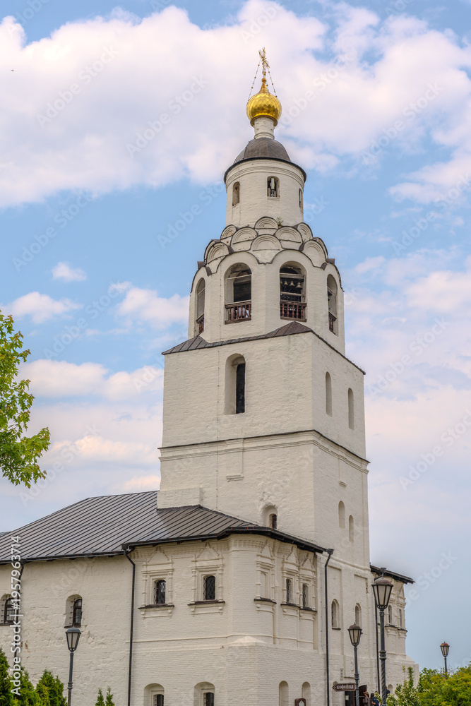 Fototapeta premium Nice white old Russian Christian monastery against blue sky, Sviyazhsk island,Tatarstan