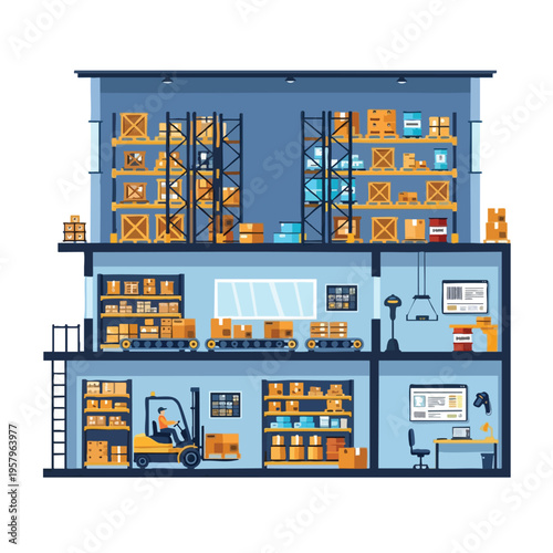 Interior view of a multi-level warehouse with storage, conveyor belts, and a forklift