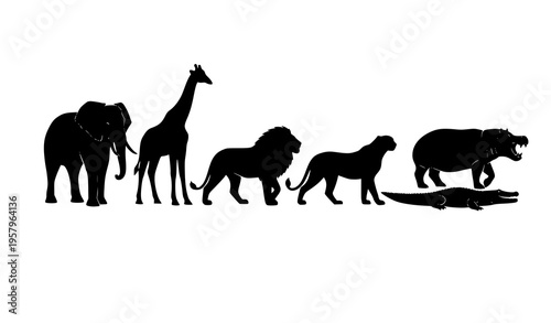 African safari animal silhouette set elephant giraffe lion cheetah hippo crocodile vector isolated on white background