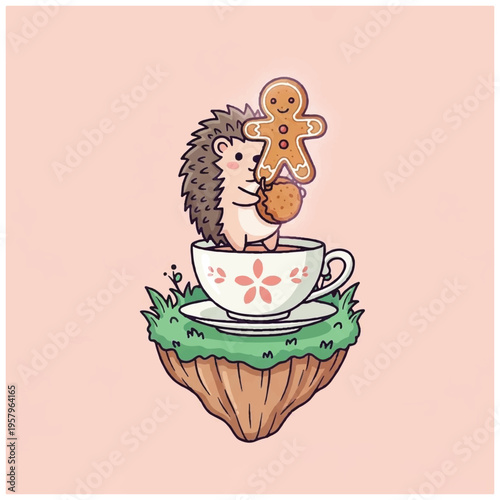 A cartoon hedgehog sitting in a teacup with a gingerbread man and donut on a floating tree stump. Perfect for children's books, greeting cards, and whimsical illustrations.