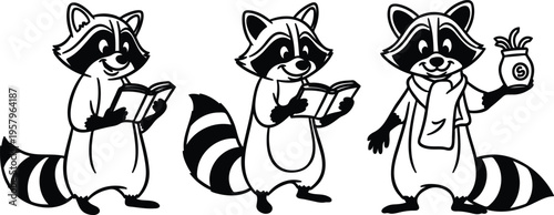 Black and white illustration of raccoons reading and holding a plant in a jar cute cartoon characters