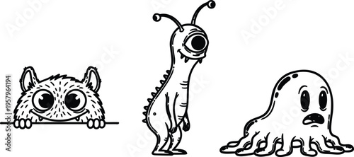 Black and white illustration of cartoon monster characters with big eyes  isolated on transparent background