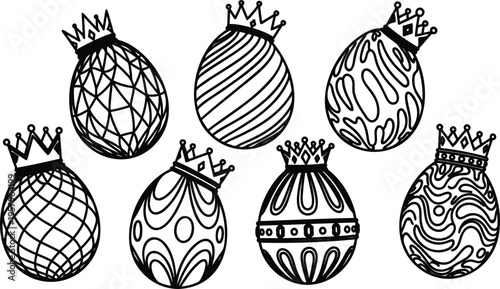 Black and white illustration of six decorative Christmas baubles with crowns on transparent background for holiday decoration and design
