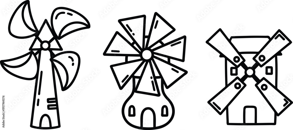 Fototapeta premium Three different cartoon style windmills with various blade designs and tower shapes in a line on white background